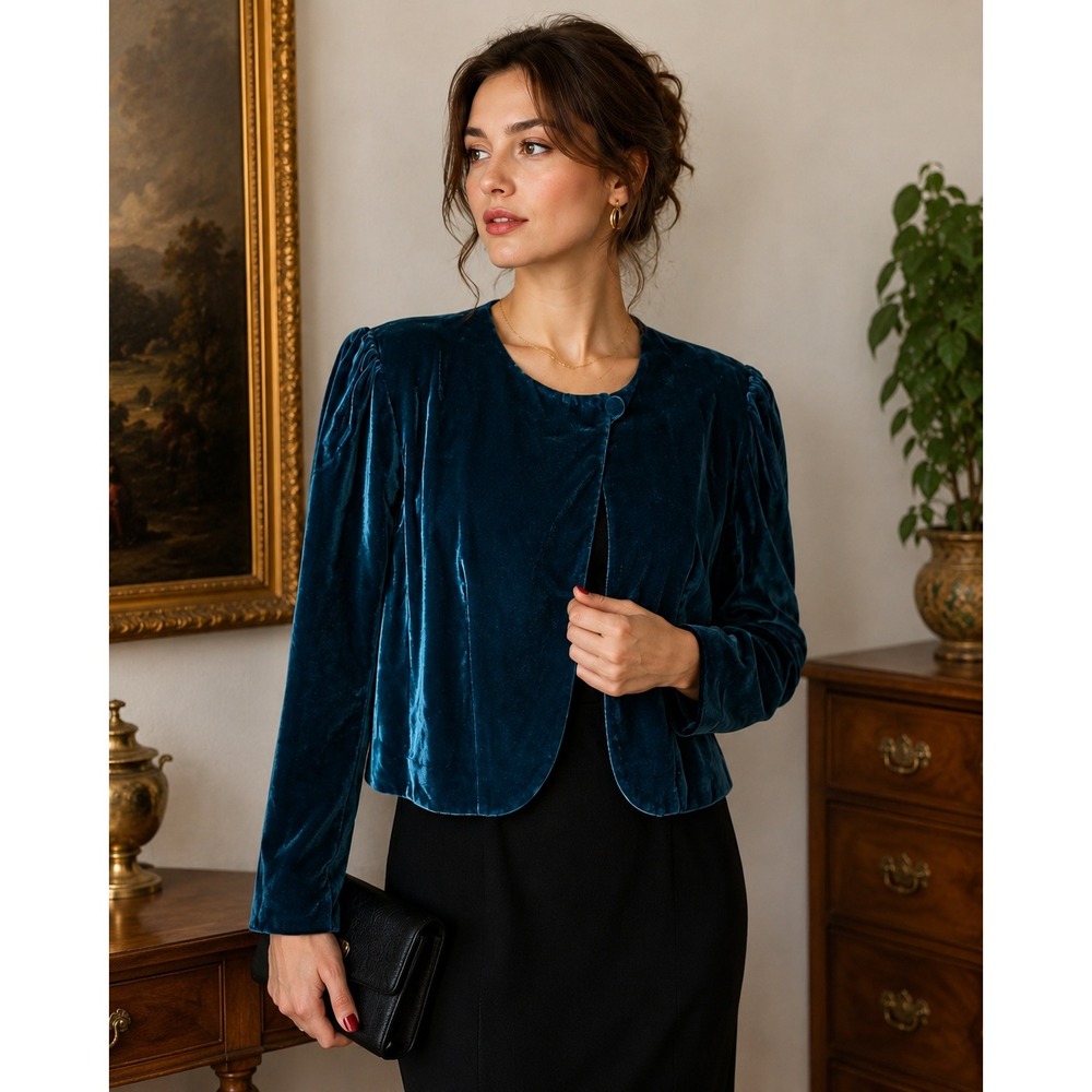 Vintage Teal Blue Velvet Cropped Evening Jacket 80s Puff Sleeve Glam 14 Romantic
